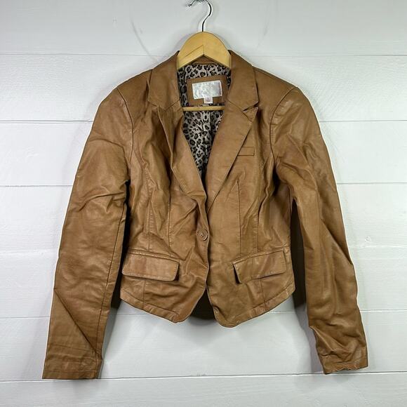 XHILARATION Tan Faux Leather Cropped Single Breast Button Up Jacket Size Small‎ - Picture 1 of 10